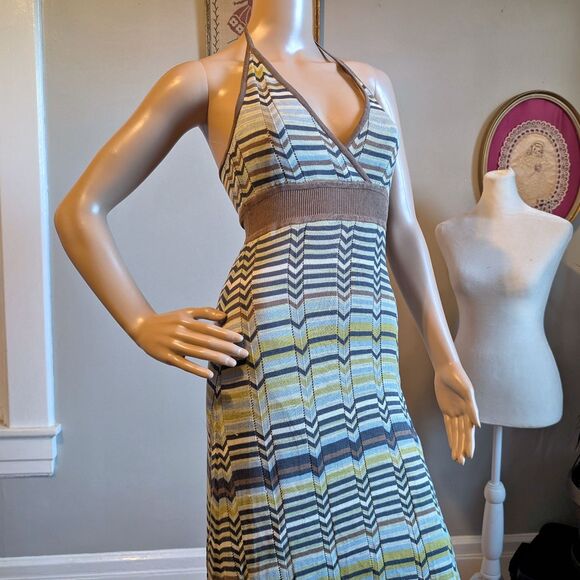 Vintage Y2K BCBGMAXAZRIA Knit Dress Halter Maxi Chevron Silk Summer Size XS - Picture 5 of 13